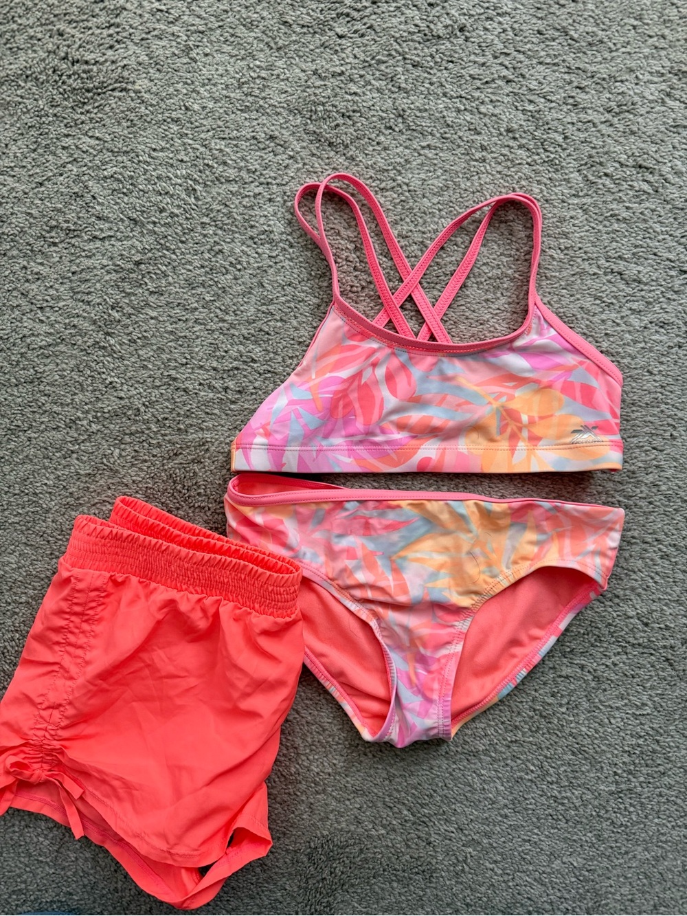 Girls Coral Pink Tropical Print Swim Set with Shorts